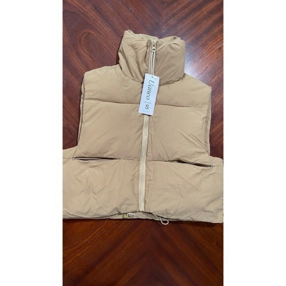 NWT Women's Cropped Puffer Vest‎ Sleeveless Cardigan Zip Thicken Warm Beige Sz S